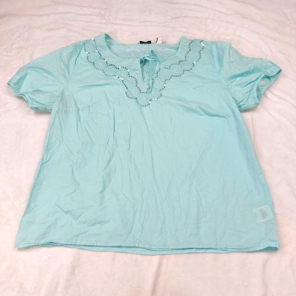 LIZ CLAIBORNE WOMENS BLUE BOHO FAIRY SEQUIN DETAIL 100% COTTON BLOUSE SIZE XL